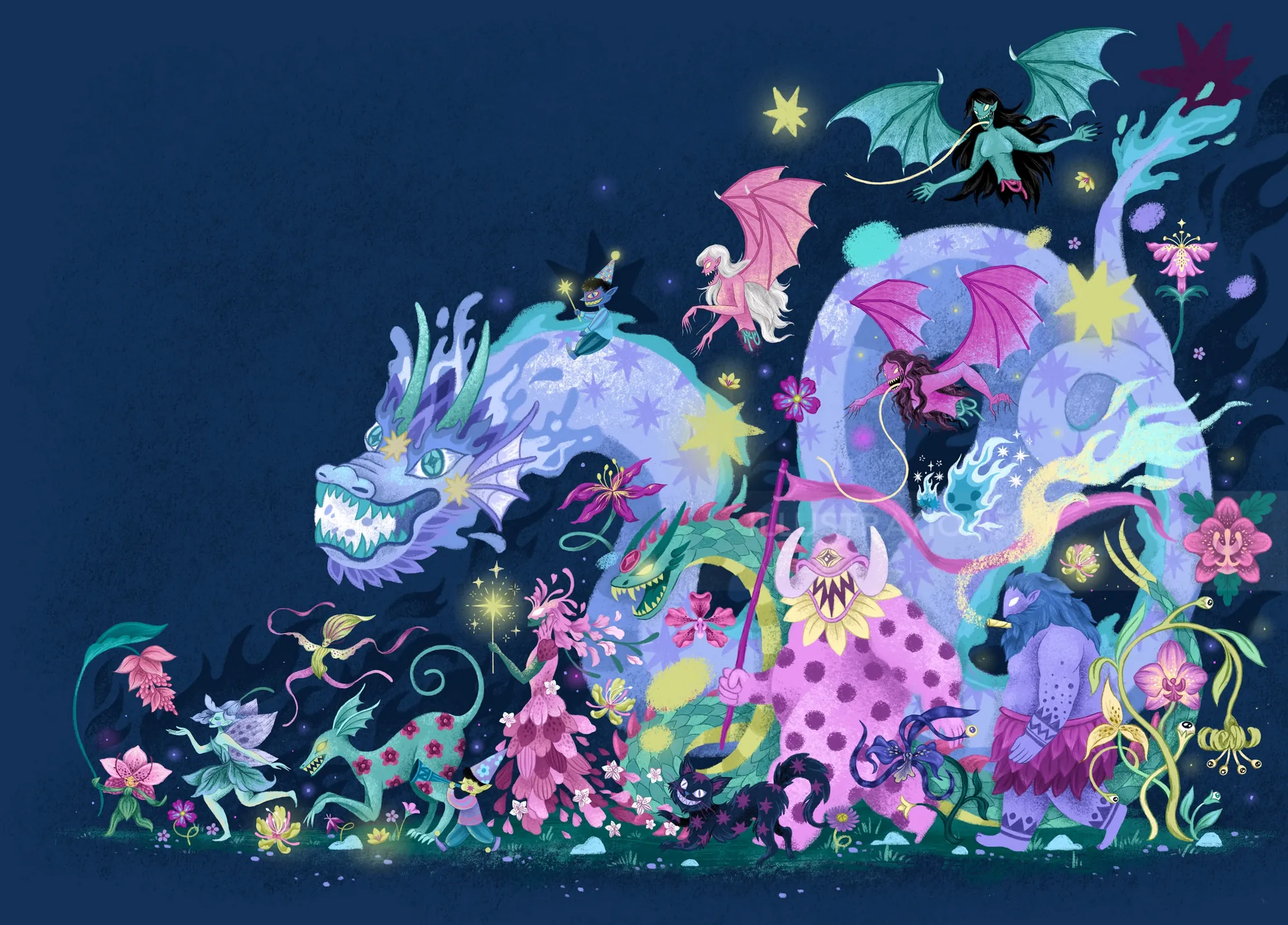 Whimsical colorful dragon and fairies in magical scene by Alyssa De Asis