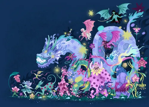 Verspielter, farbenfroher Drache und Feen in einer magischen Szene von Alyssa De Asis