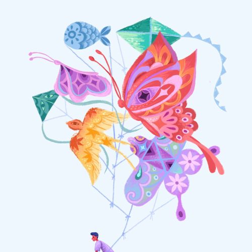 Person on bicycle flying colorful butterfly and kite balloons by Alyssa De Asis