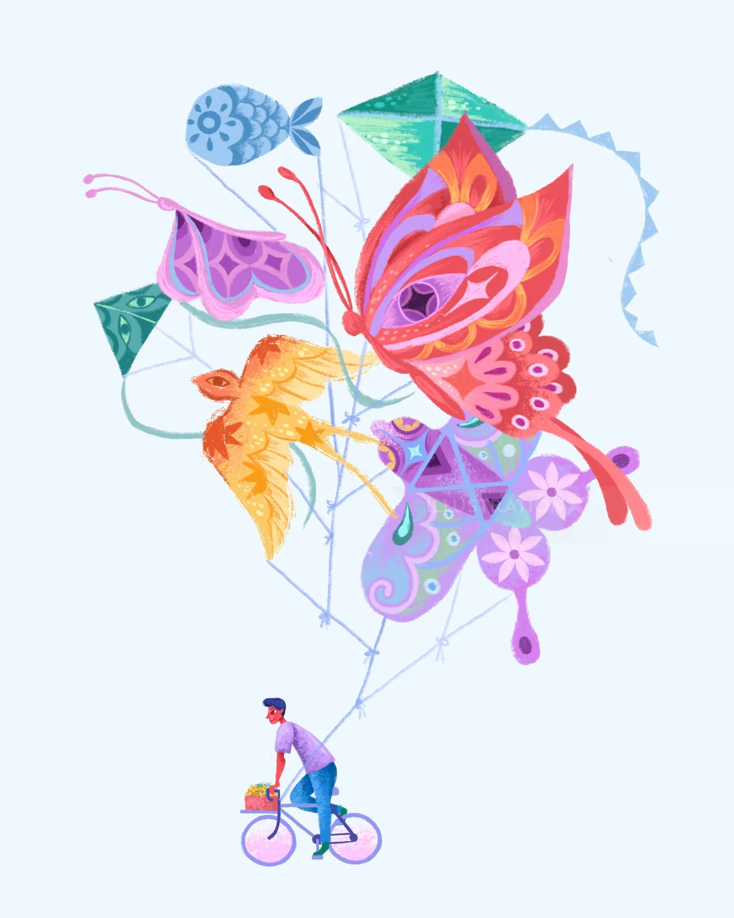 Persona en bicicleta volando mariposas de colores y globos de cometa por Alyssa De Asis