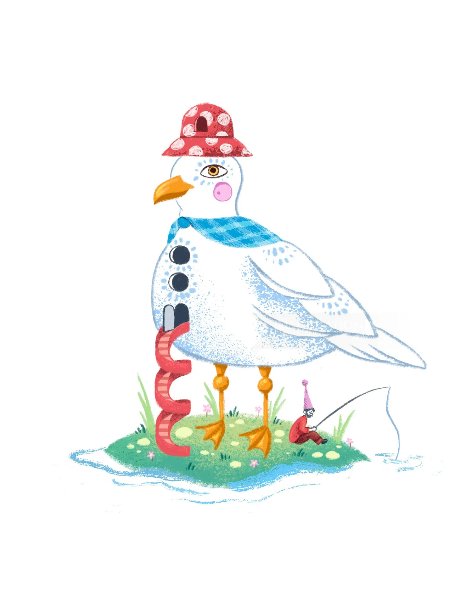 Whimsical seagull with red hat holding a worm by fishing rod by Alyssa De Asis