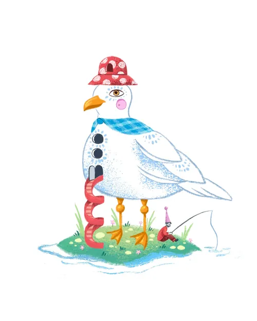 Verspielte Möwe mit rotem Hut, die einen Wurm an einer Angelrute hält (von Alyssa De Asis)