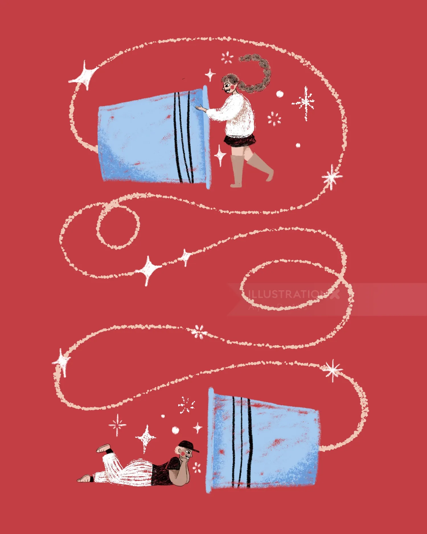 Illustration von zwei Personen mit großen blauen Bechern, die durch eine geschwungene Linie verbunden sind, von Alyssa De Asis
