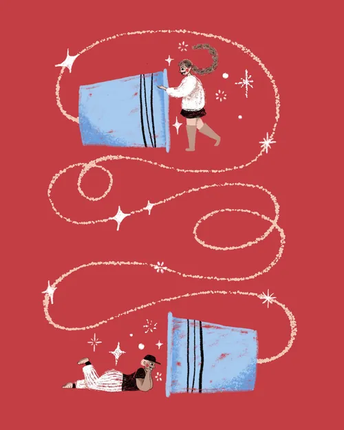 Illustration von zwei Personen mit großen blauen Bechern, die durch eine geschwungene Linie verbunden sind, von Alyssa De Asis