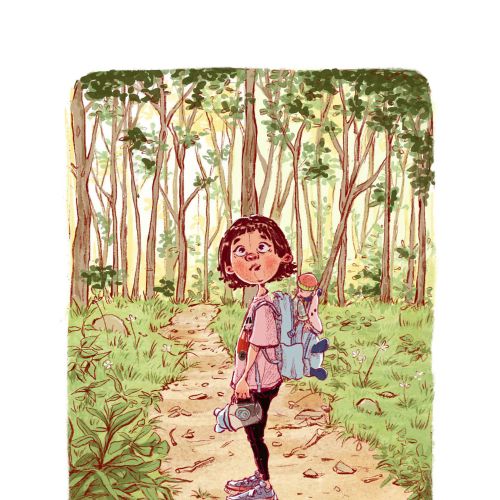Girl hiking on forest path carrying a backpack and water bottle