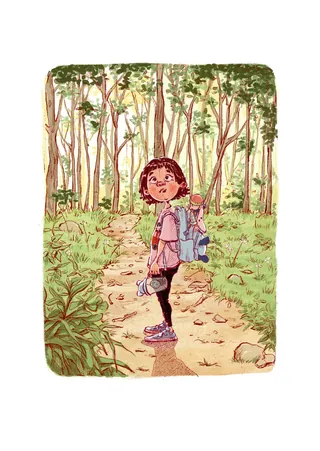 Girl hiking on forest path carrying a backpack and water bottle