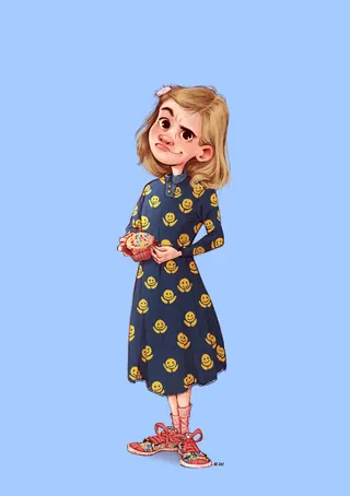 Blonde girl in blue dress with smile holding popcorn against blue background