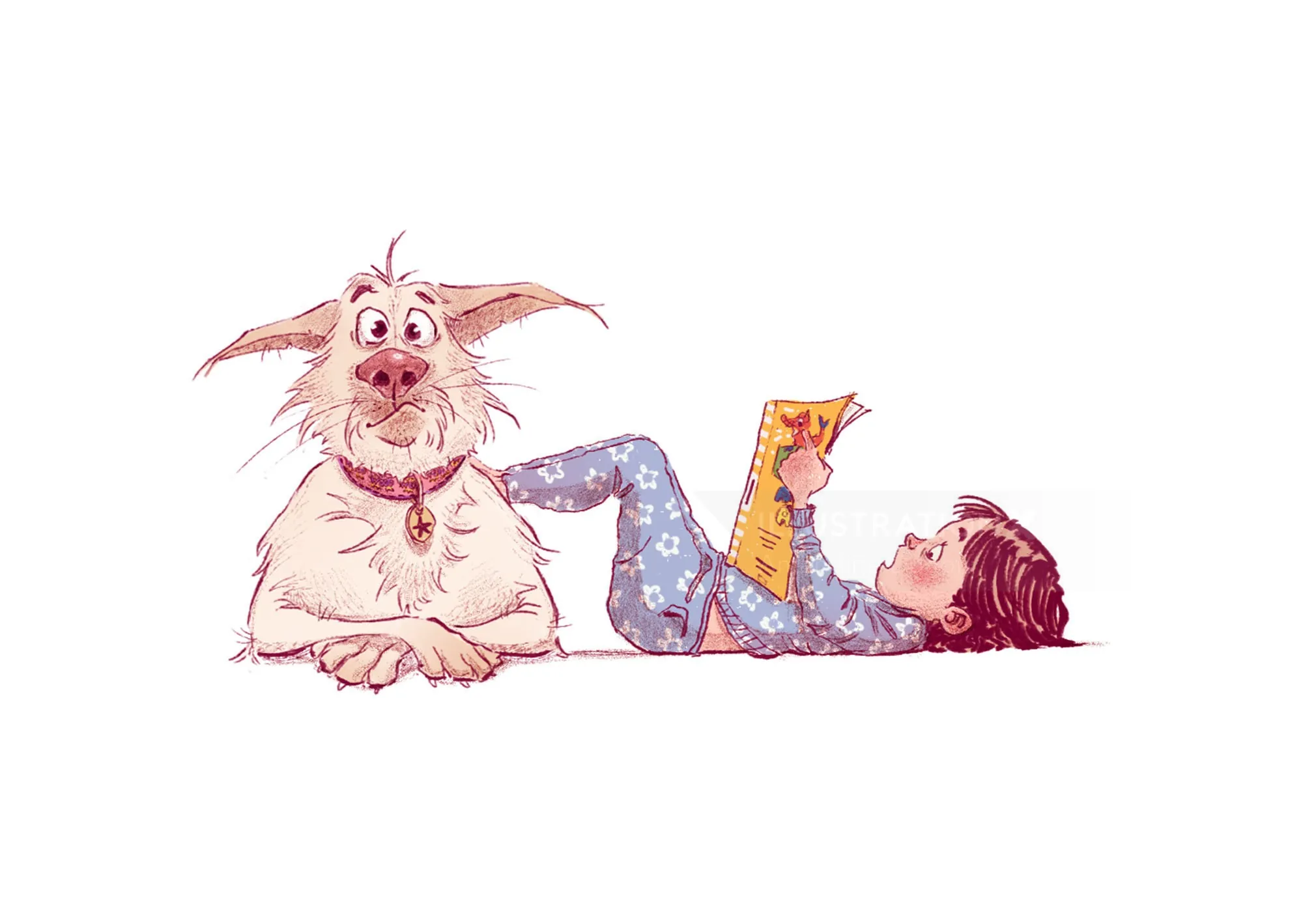 Child reading book next to friendly dog lying on floor