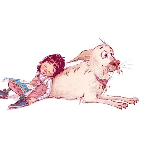 Child reading book resting on large friendly dog