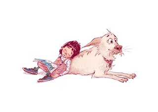 Child reading book resting on large friendly dog
