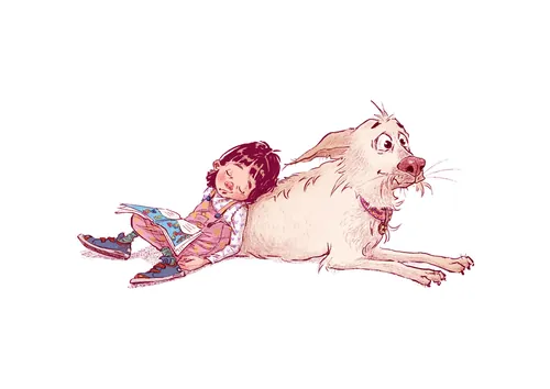 Child reading book resting on large friendly dog
