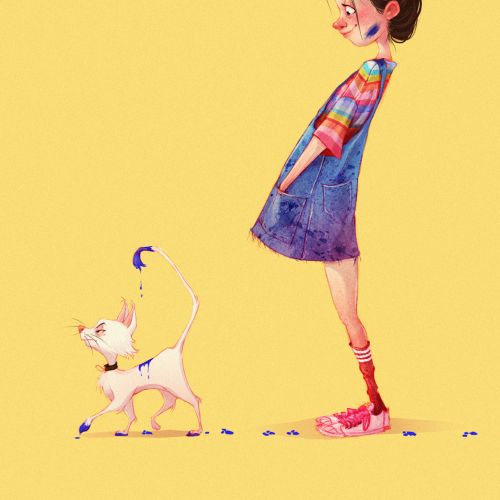 Young girl in dress looking at a small white cat on yellow background