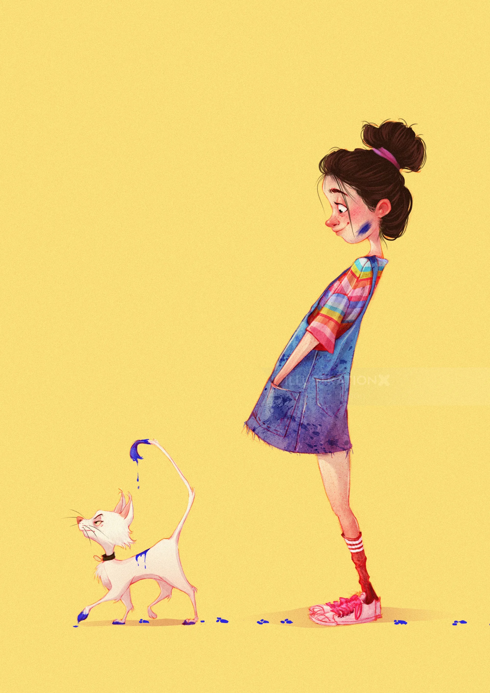 Young girl in dress looking at a small white cat on yellow background