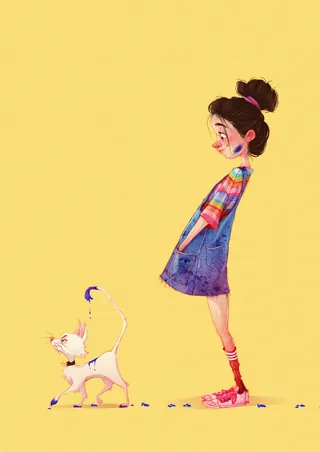 Young girl in dress looking at a small white cat on yellow background
