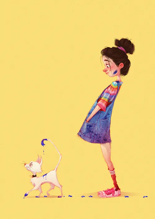 Young girl in dress looking at a small white cat on yellow background