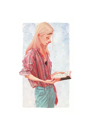 Young woman with blonde hair reading a book in casual outfit