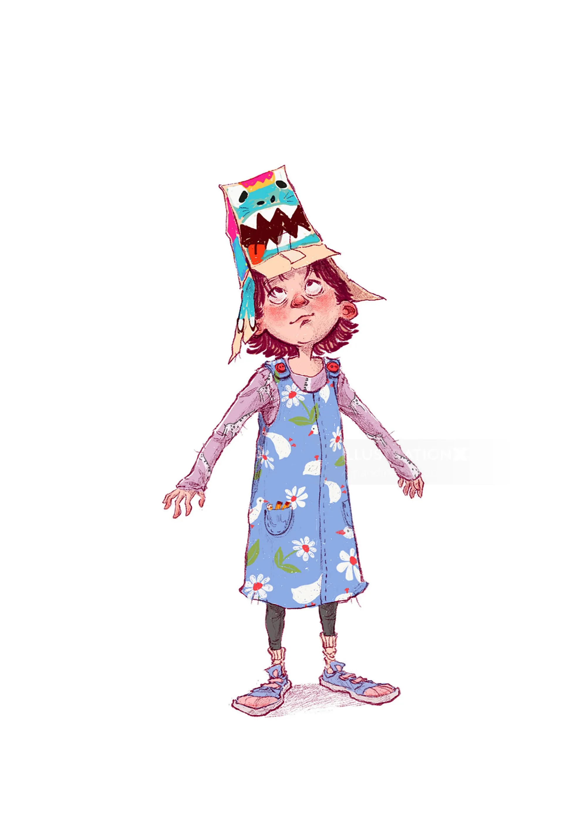 Child with a monster hat and floral dress standing
