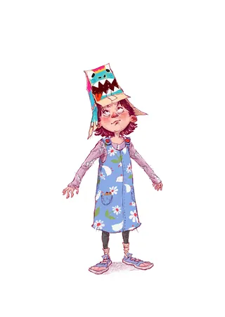 Child with a monster hat and floral dress standing