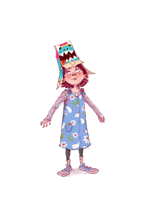 Child with a monster hat and floral dress standing