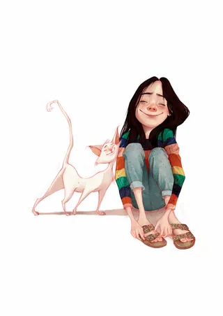 Girl sitting barefoot with a smiling cat next to her