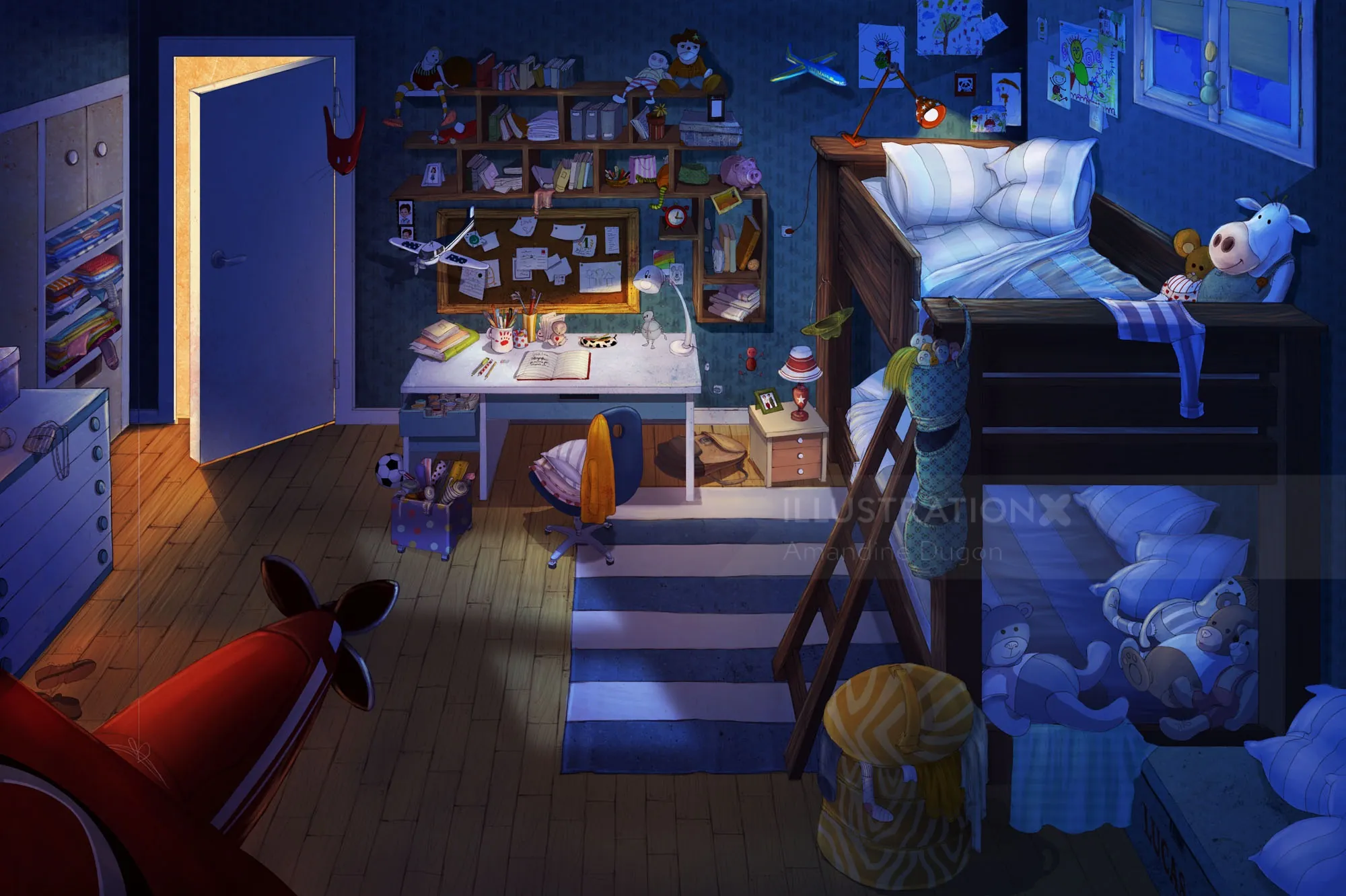 Children's bedroom at night with bunk beds, toys, and nightlight