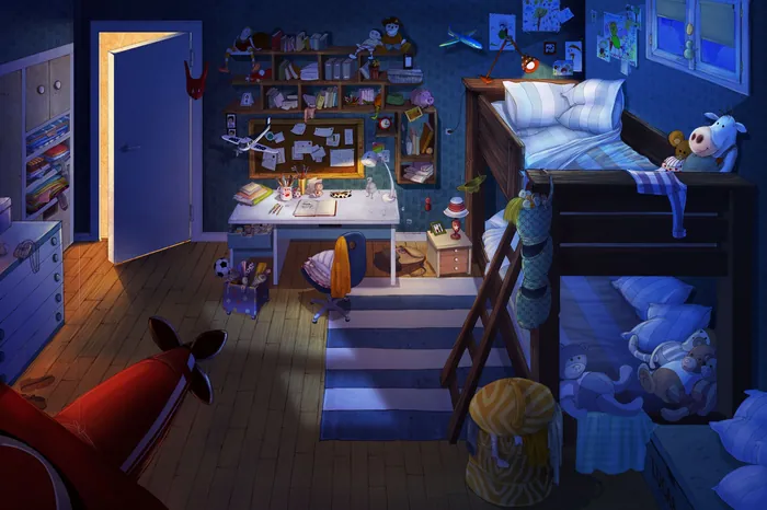 Children's bedroom at night with bunk beds, toys, and nightlight