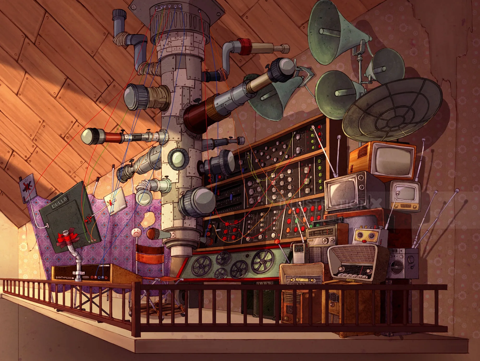 Steampunk lab with mechanical devices, telescopes, and old monitors