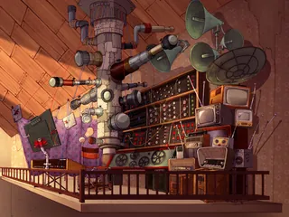 Steampunk lab with mechanical devices, telescopes, and old monitors