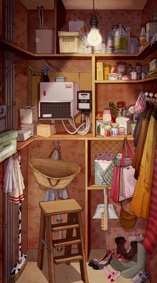 Vintage pantry with wooden shelves stocked with containers, stool, and coats
