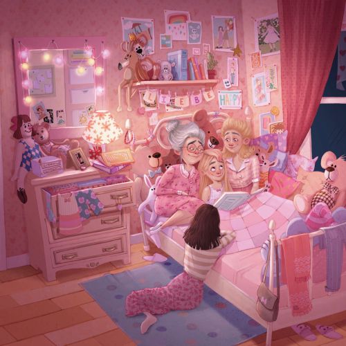 Three friends having a sleepover in a cozy, pink-themed bedroom.