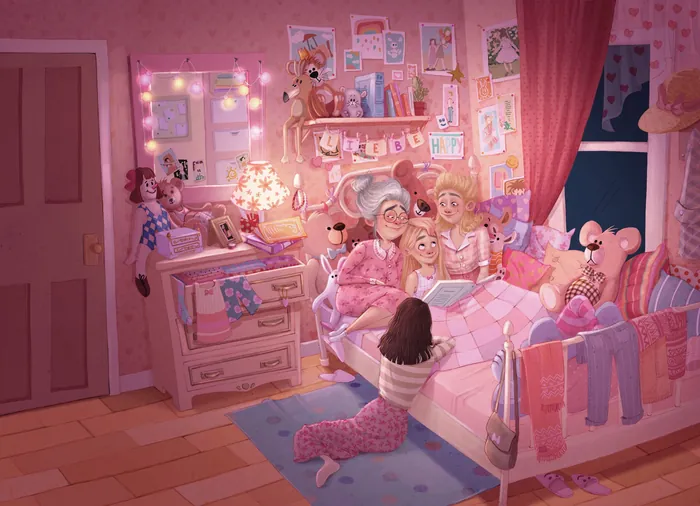 Three friends having a sleepover in a cozy, pink-themed bedroom.