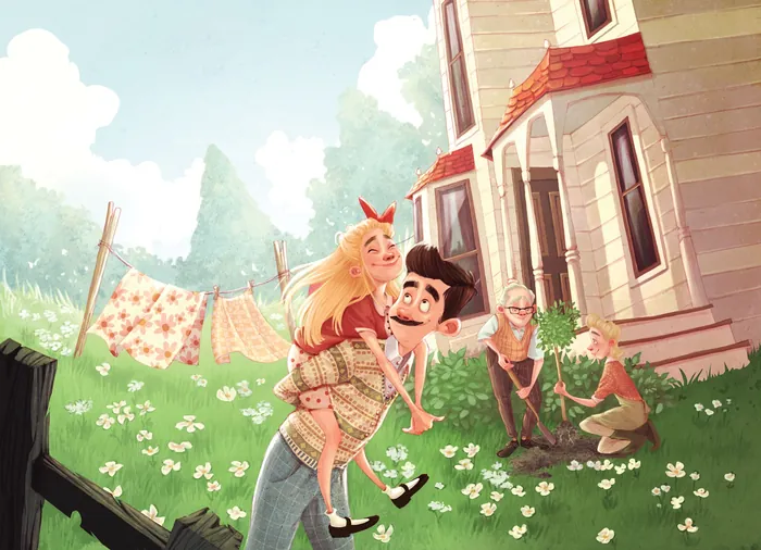 Couple enjoying playful moment in garden with flowers and drying laundry