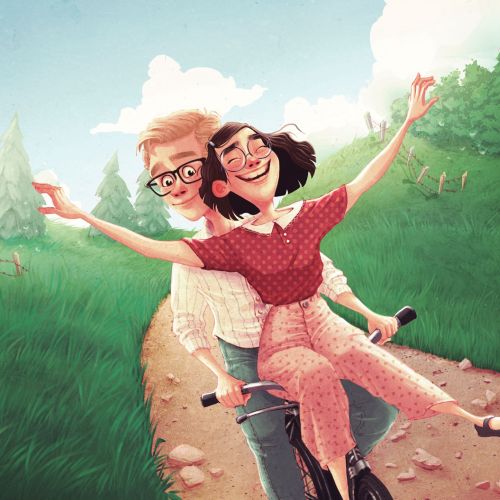 Couple riding a bike on a grassy dirt path under blue sky