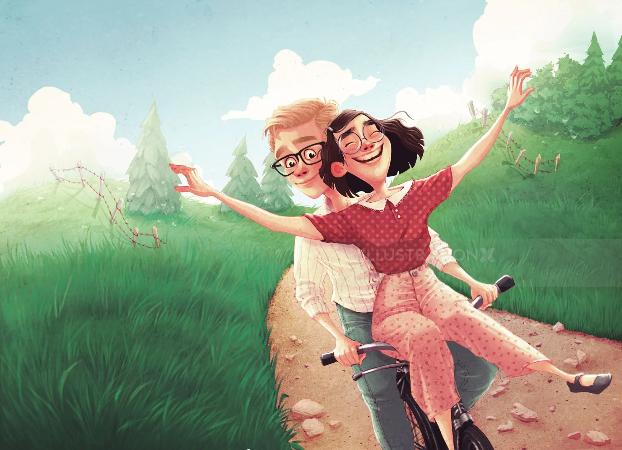 Couple riding a bike on a grassy dirt path under blue sky