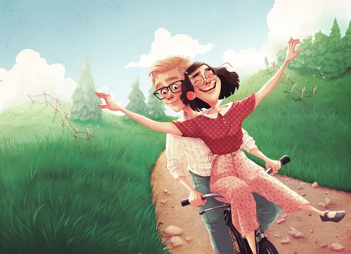 Couple riding a bike on a grassy dirt path under blue sky