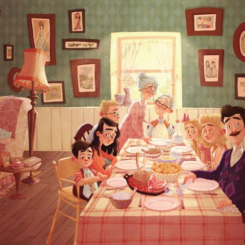Illustration of a family enjoying a meal together at a dining table.