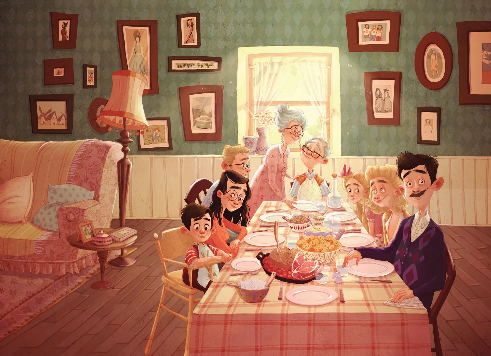 Illustration of a family enjoying a meal together at a dining table.
