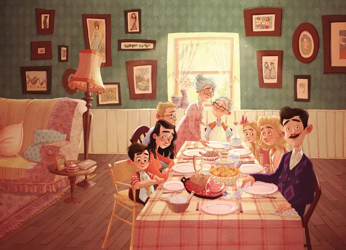 Illustration of a family enjoying a meal together at a dining table.