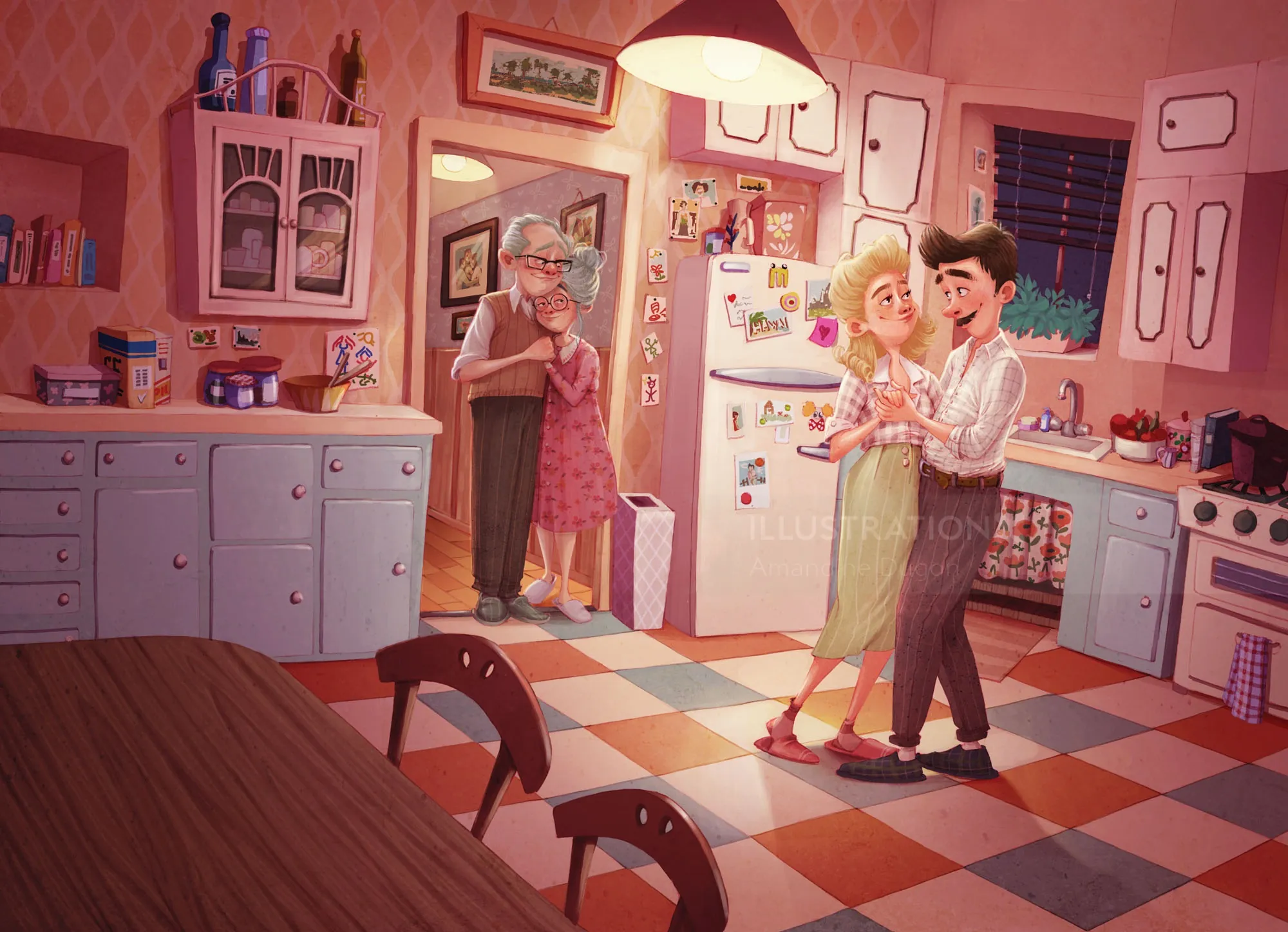 Couple dancing in retro kitchen while elderly woman watches