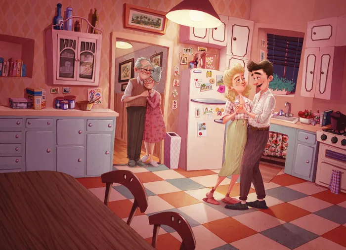 Couple dancing in retro kitchen while elderly woman watches