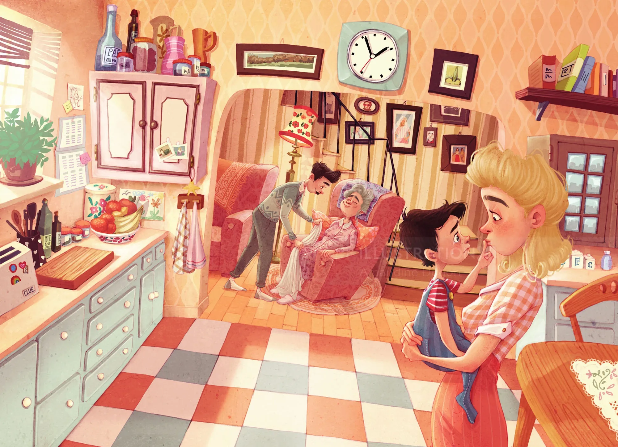 Cozy kitchen scene with family members interacting warmly