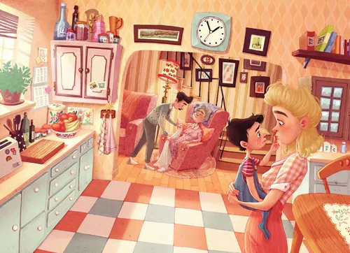 Cozy kitchen scene with family members interacting warmly