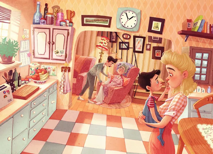 Cozy kitchen scene with family members interacting warmly