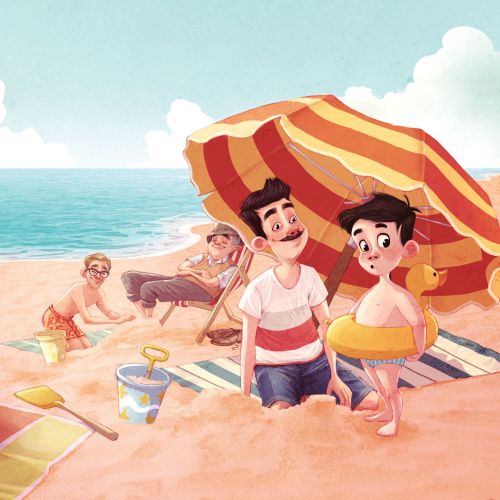 Family sitting on beach sand with umbrella and beach toys