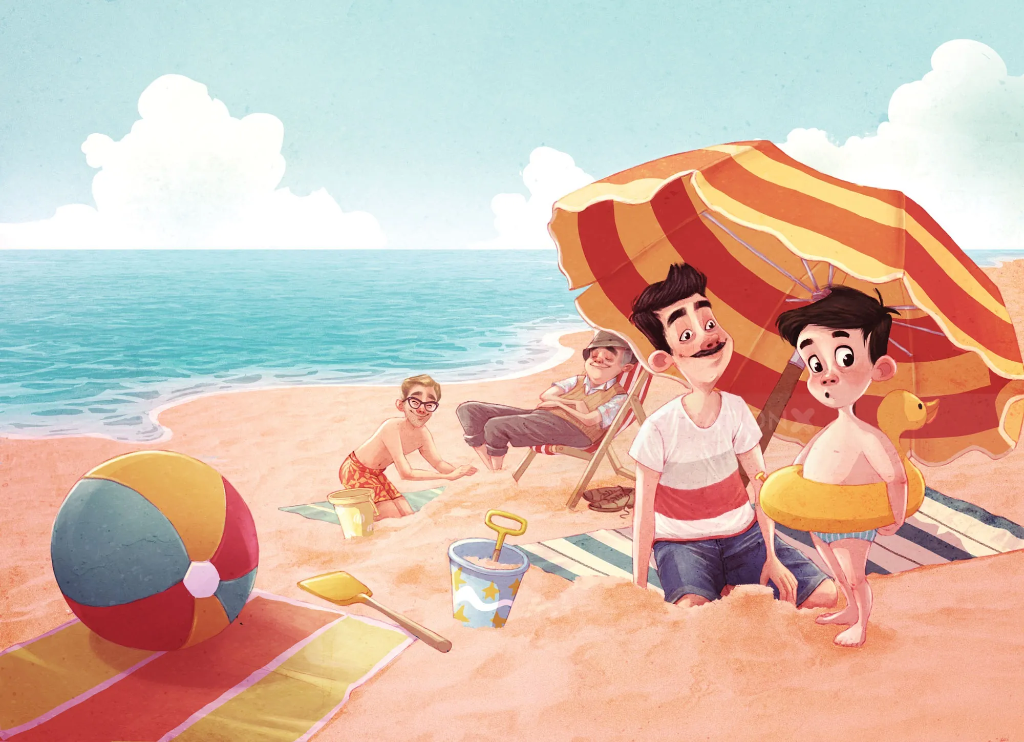 Family sitting on beach sand with umbrella and beach toys