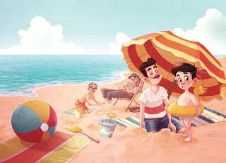 Family sitting on beach sand with umbrella and beach toys