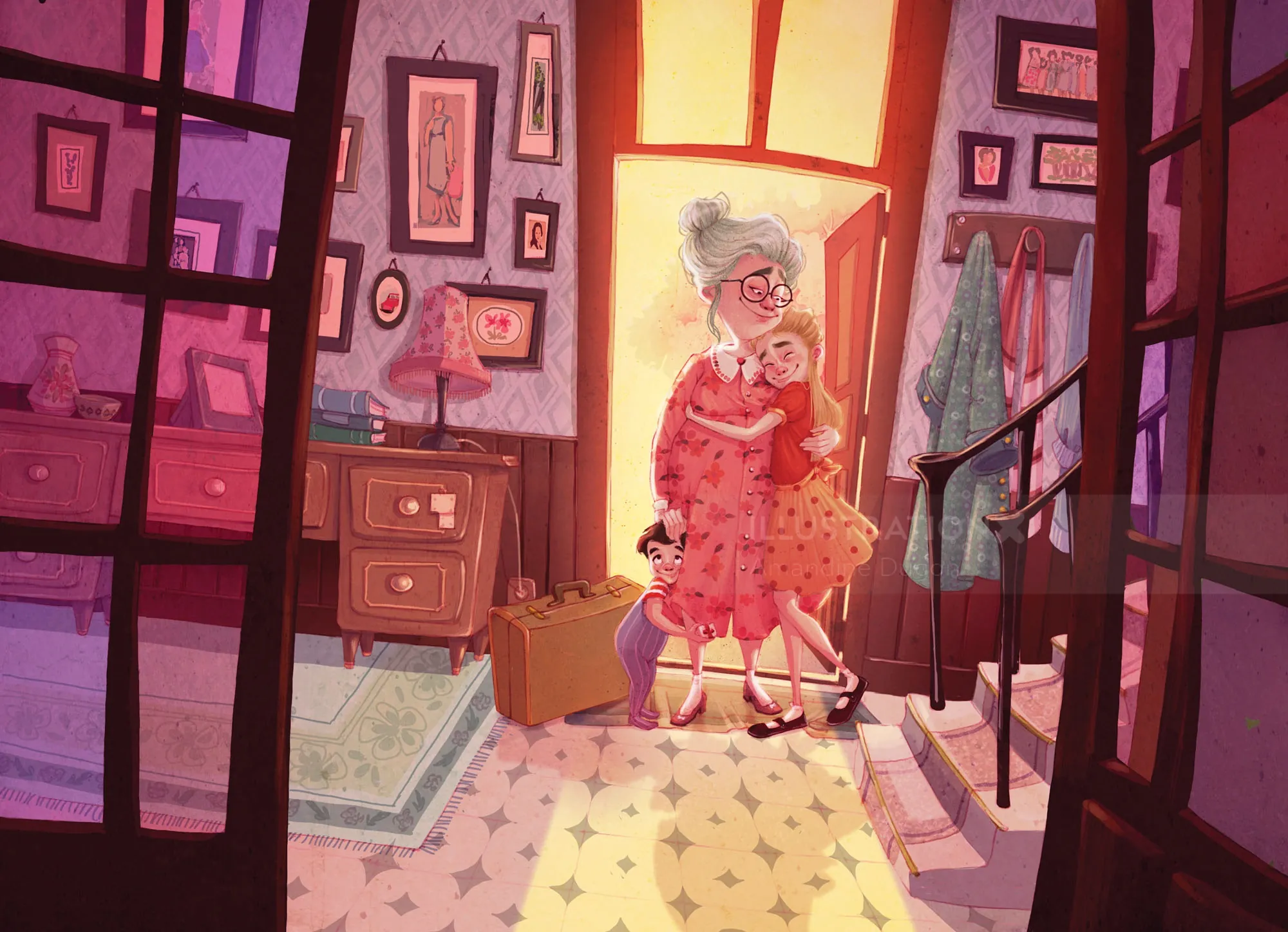 Grandmother hugging grandchild inside a warmly lit cozy home.
