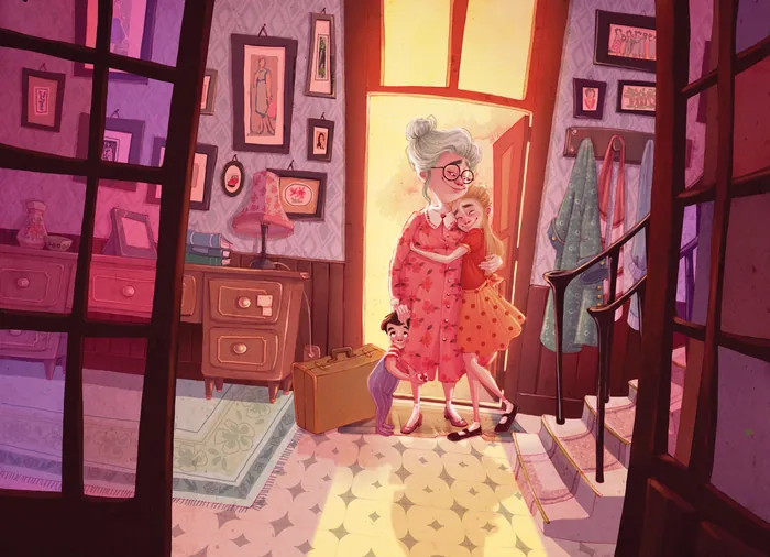 Grandmother hugging grandchild inside a warmly lit cozy home.