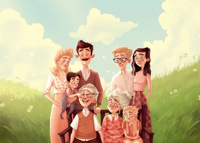 Smiling multigenerational family standing on grass under a blue sky