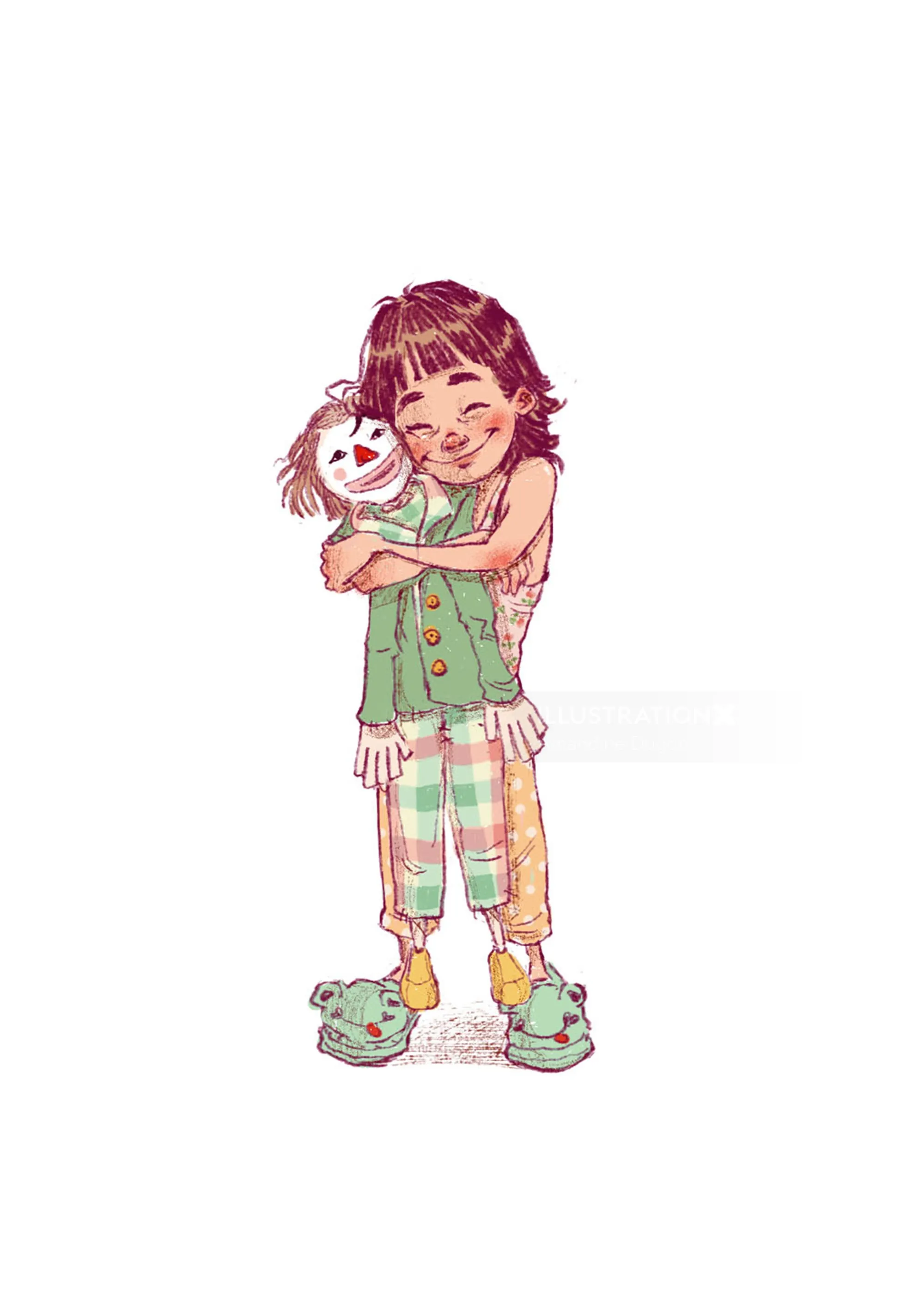 Happy girl hugging scarecrow doll in colorful patchwork clothing